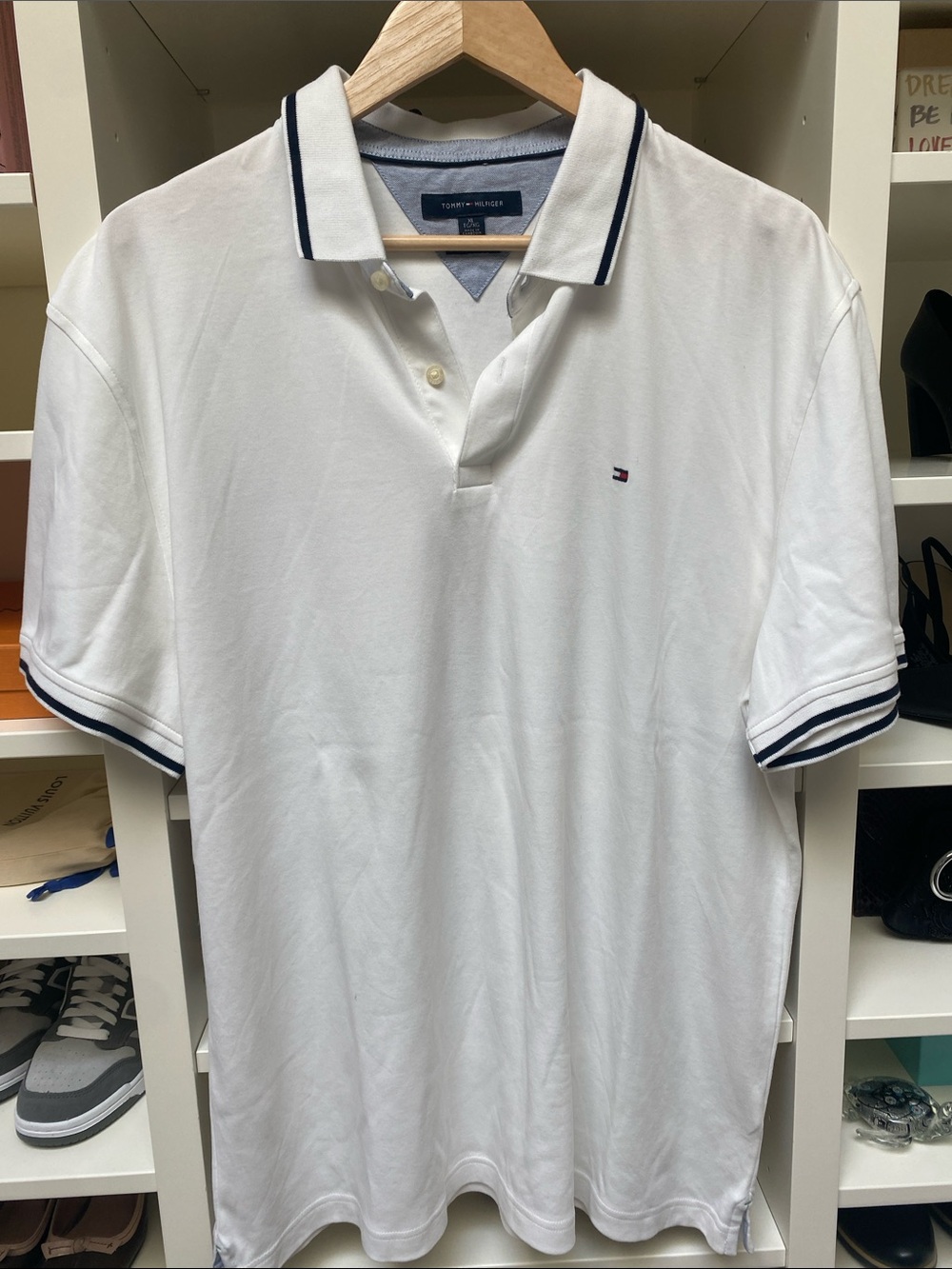 Tommy Hilfiger - White Polo with Navy Stripe Trim. XL.  Like NEW.